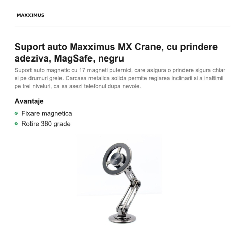 Suport auto Maxximus MX Crane, cu prindere adeziva, MagSafe, negru [1]