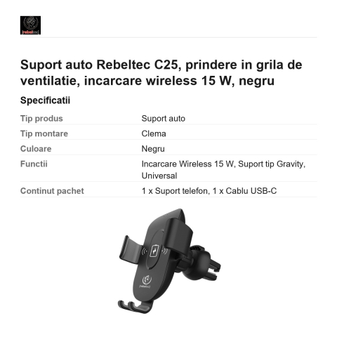 Suport auto Rebeltec C25, prindere in grila de ventilatie, incarcare wireless 15 W, negru [2]