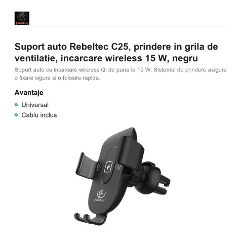 Suport auto Rebeltec C25, prindere in grila de ventilatie, incarcare wireless 15 W, negru [1]
