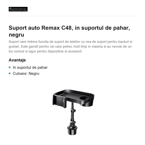 Suport auto Remax C48, in suportul de pahar, negru [1]