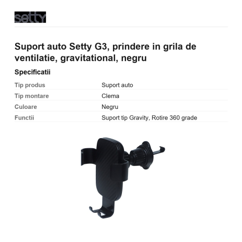 Suport auto Setty G3, prindere in grila de ventilatie, gravitational, negru [2]
