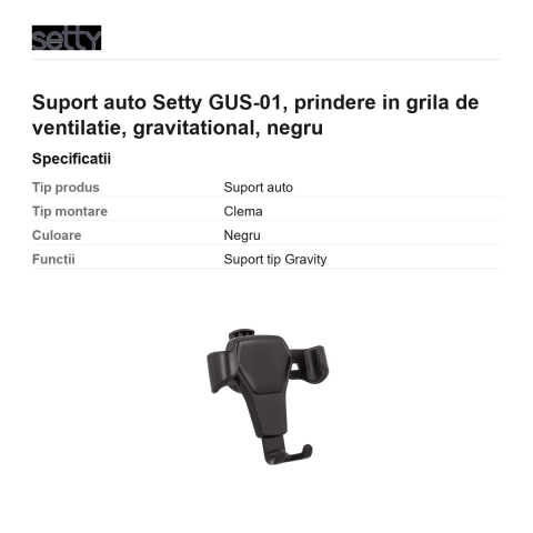 Suport auto Setty GUS-01, prindere in grila de ventilatie, gravitational, negru [2]