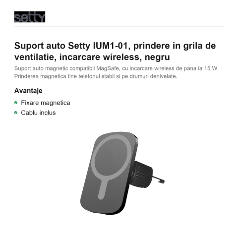 Suport auto Setty IUM1-01, prindere in grila de ventilatie, incarcare wireless, negru [1]