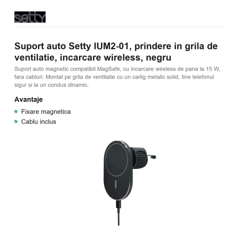 Suport auto Setty IUM2-01, prindere in grila de ventilatie, incarcare wireless, negru [1]