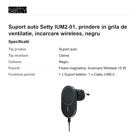 Suport auto Setty IUM2-01, prindere in grila de ventilatie, incarcare wireless, negru [2]