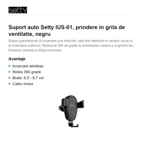 Suport auto Setty IUS-01, prindere in grila de ventilatie, negru [1]