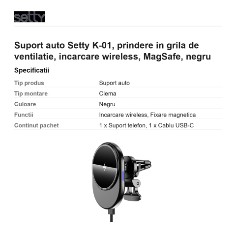 Suport auto Setty K-01, prindere in grila de ventilatie, incarcare wireless, MagSafe, negru [2]