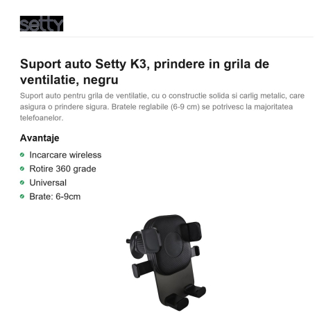 Suport auto Setty K3, prindere in grila de ventilatie, negru [1]