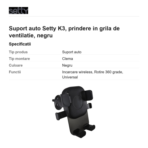 Suport auto Setty K3, prindere in grila de ventilatie, negru [2]