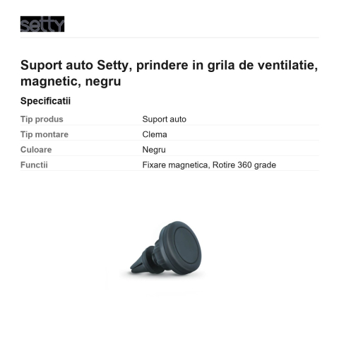 Suport auto Setty, prindere in grila de ventilatie, magnetic, negru [2]
