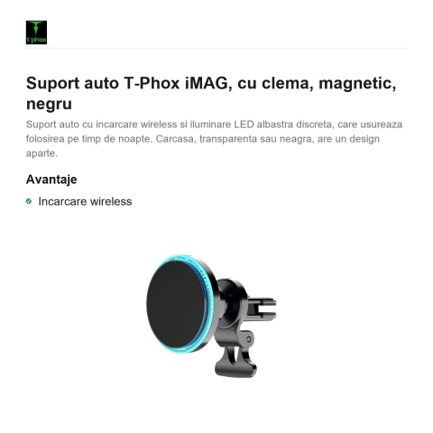 Suport auto T-Phox iMAG, cu clema, magnetic, negru [1]