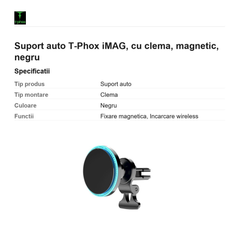 Suport auto T-Phox iMAG, cu clema, magnetic, negru [2]