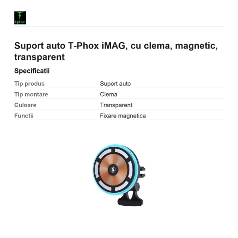 Suport auto T-Phox iMAG, cu clema, magnetic, transparent [2]