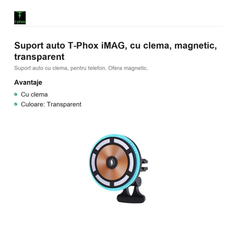 Suport auto T-Phox iMAG, cu clema, magnetic, transparent [1]