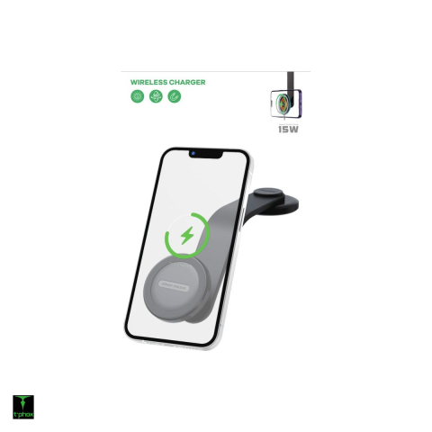 Accesorii IT - Suport auto T-Phox Mag On, cu prindere adeziva, incarcare wireless 15 W, magnetic, negru