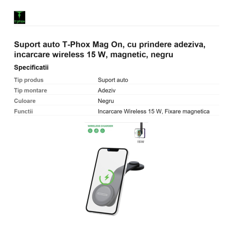 Suport auto T-Phox Mag On, cu prindere adeziva, incarcare wireless 15 W, magnetic, negru [2]