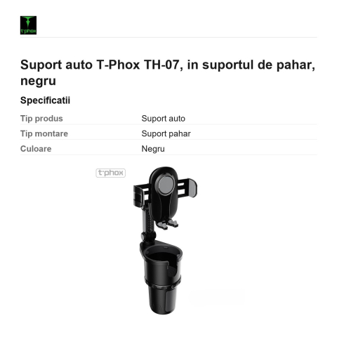Suport auto T-Phox TH-07, in suportul de pahar, negru [2]