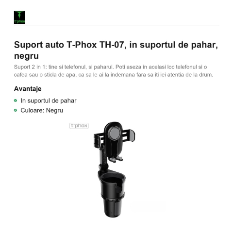 Suport auto T-Phox TH-07, in suportul de pahar, negru [1]