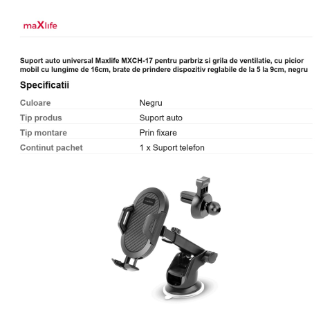 Suport auto universal Maxlife MXCH-17 pentru parbriz si grila de ventilatie, cu picior mobil cu lungime de 16cm, brate de prindere dispozitiv reglabile de la 5 la 9cm, negru [2]
