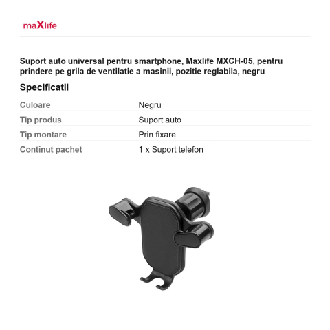 Suport auto universal pentru smartphone, Maxlife MXCH-05, pentru prindere pe grila de ventilatie a masinii, pozitie reglabila, negru [2]