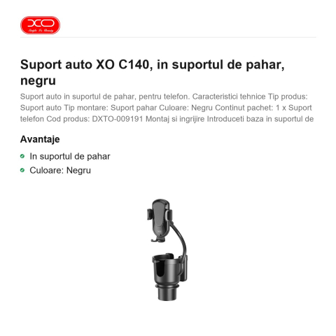 Suport auto XO C140, in suportul de pahar, negru [1]