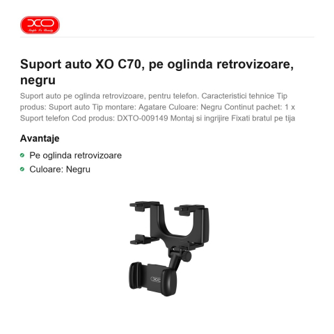 Suport auto XO C70, pe oglinda retrovizoare, negru [1]