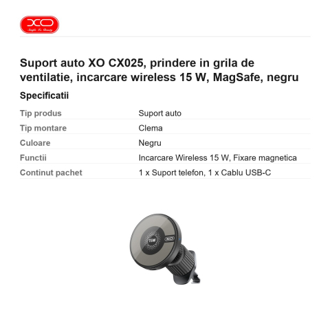 Suport auto XO CX025, prindere in grila de ventilatie, incarcare wireless 15 W, MagSafe, negru [2]