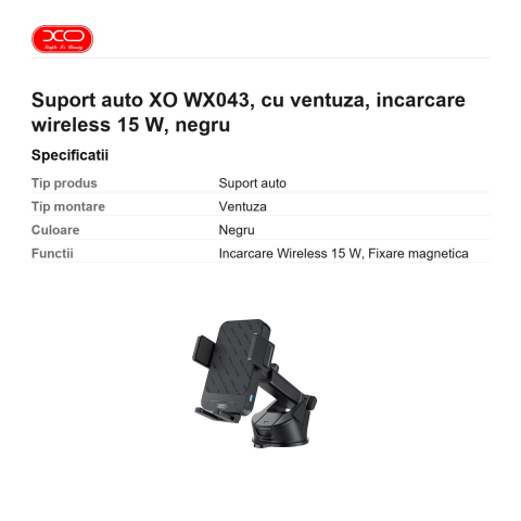 Suport auto XO WX043, cu ventuza, incarcare wireless 15 W, negru [2]