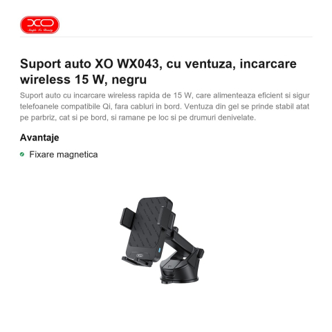 Suport auto XO WX043, cu ventuza, incarcare wireless 15 W, negru [1]