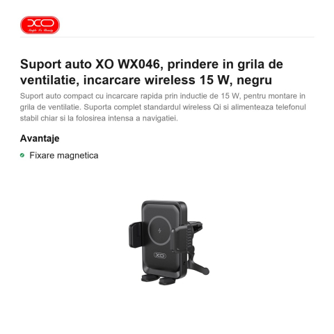 Suport auto XO WX046, prindere in grila de ventilatie, incarcare wireless 15 W, negru [1]