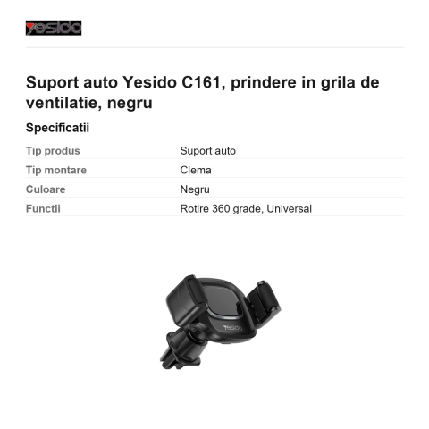 Suport auto Yesido C161, prindere in grila de ventilatie, negru [2]