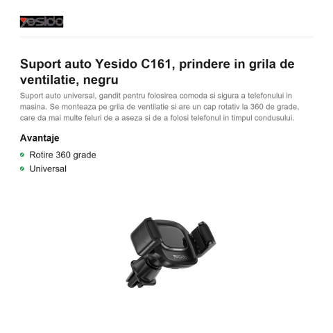 Suport auto Yesido C161, prindere in grila de ventilatie, negru [1]