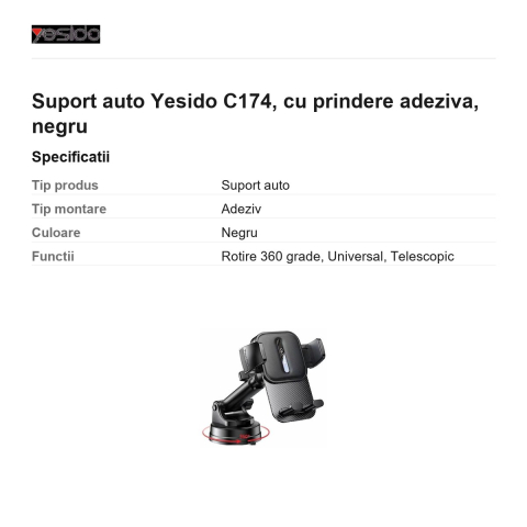 Suport auto Yesido C174, cu prindere adeziva, negru [2]