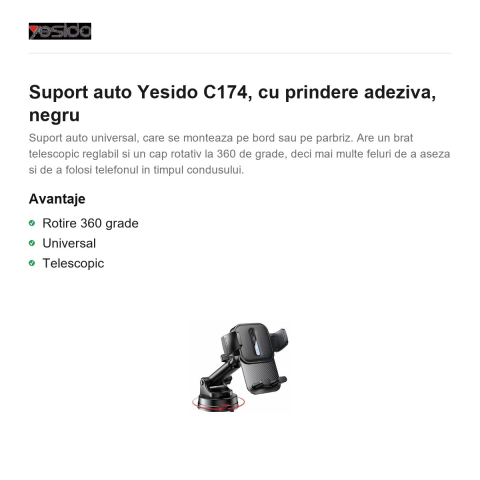 Suport auto Yesido C174, cu prindere adeziva, negru [1]