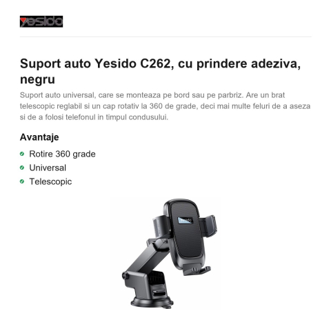 Suport auto Yesido C262, cu prindere adeziva, negru [1]