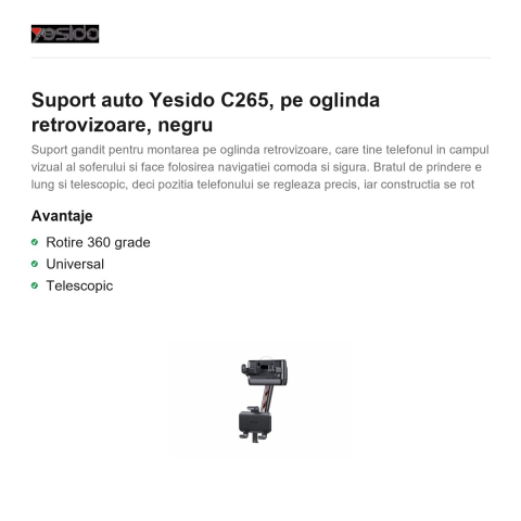 Suport auto Yesido C265, pe oglinda retrovizoare, negru [1]