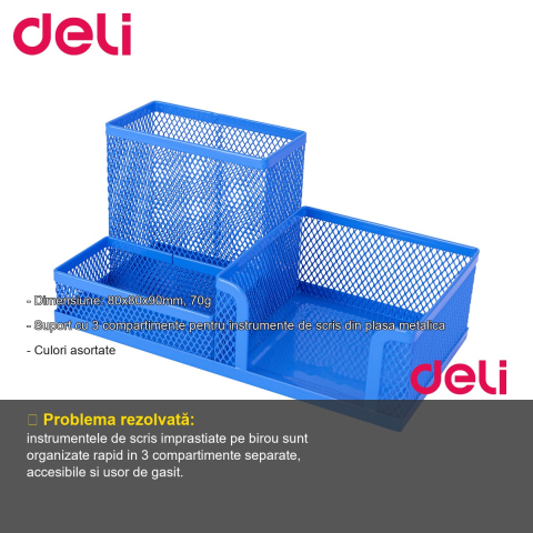 Suport birou 3 compartimente din plasa metalica Deli, organizator instrumente de scris pentru birou [1]