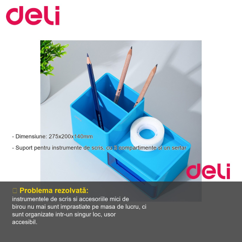 Suport birou Deli cu 3 compartimente si sertar, organizator instrumente de scris, pentru birou si scoala [1]