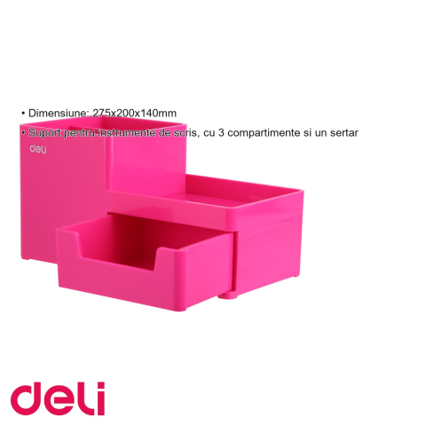 Suport birou Deli cu 3 compartimente si sertar, organizator roz pentru instrumente de scris [2]