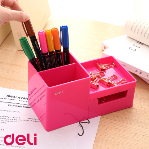 Suport birou Deli cu 3 compartimente si sertar, organizator roz pentru instrumente de scris [3]
