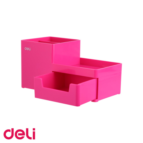 Organizatoare si suporturi de birou - Suport birou Deli cu 3 compartimente si sertar, organizator roz pentru instrumente de scris
