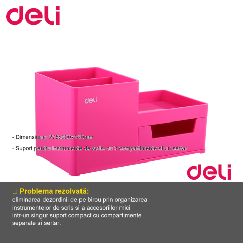 Suport birou Deli cu 3 compartimente si sertar, organizator roz pentru instrumente de scris [1]
