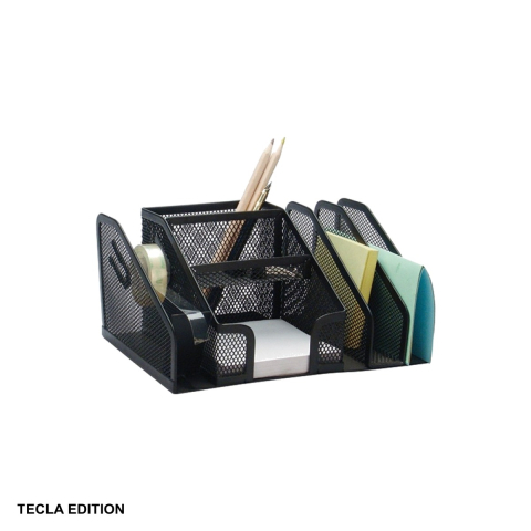 Organizatoare si suporturi de birou - Suport birou multifunctional Tecla Edition, plasa metalica, 6 compartimente si suport banda adeziva, pentru organizare documente si accesorii