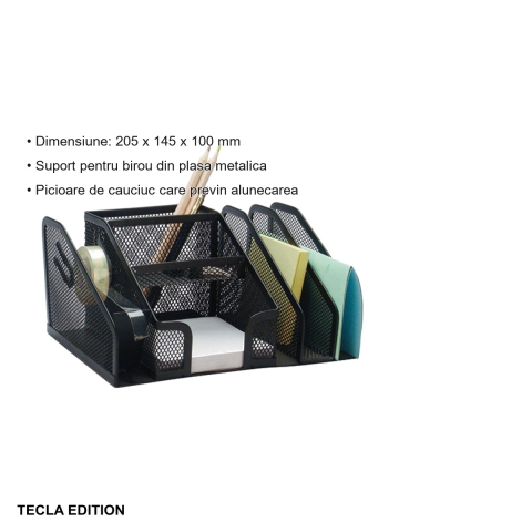 Suport birou multifunctional Tecla Edition, plasa metalica, 6 compartimente si suport banda adeziva, pentru organizare documente si accesorii [2]
