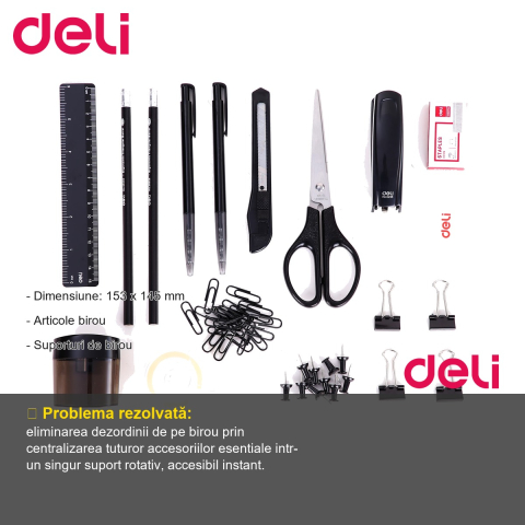 Suport birou rotativ echipat Deli, 7 compartimente cu 16 accesorii, organizator desktop complet [1]