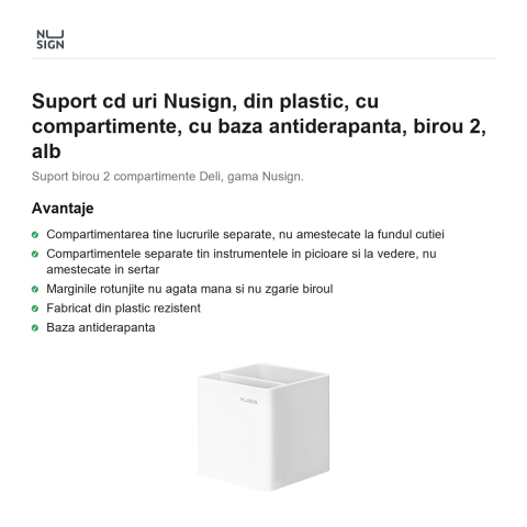 Suport cd uri Nusign, din plastic, cu compartimente, cu baza antiderapanta, birou 2, alb [1]