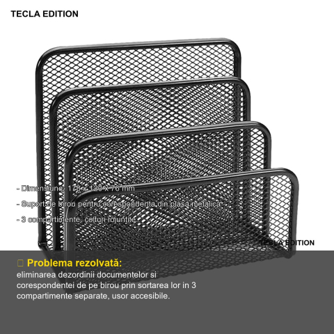 Suport corespondenta metalic cu 3 compartimente Tecla Edition, plasa mesh neagra, pentru birou [1]