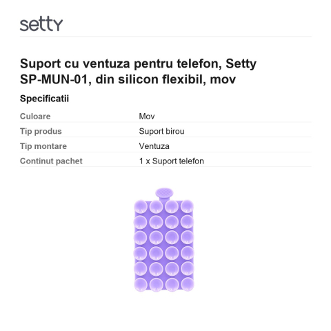 Suport cu ventuza pentru telefon, Setty SP-MUN-01, din silicon flexibil, mov [2]