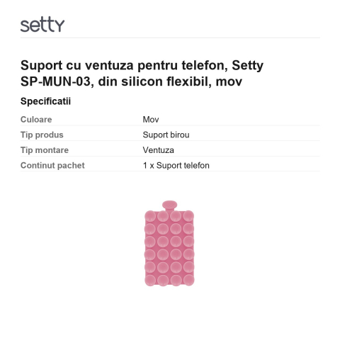 Suport cu ventuza pentru telefon, Setty SP-MUN-03, din silicon flexibil, mov [2]