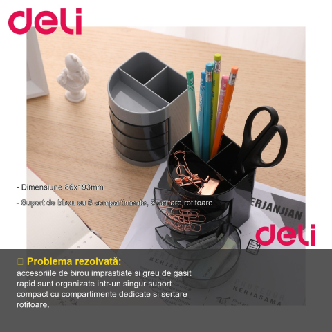 Suport de birou Deli, 6 compartimente si 3 sertare rotitoare, organizator compact pentru accesorii de birou [1]